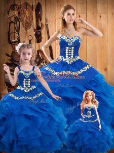 Flirting Blue Tulle Lace Up Sweetheart Sleeveless Floor Length Ball Gown Prom Dress Embroidery
