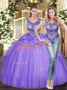 Lavender Quinceanera Gown Military Ball and Sweet 16 and Quinceanera with Beading and Ruffles Scoop Sleeveless Lace Up