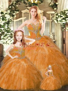 Floor Length Lace Up Quinceanera Gown Rust Red for Military Ball and Sweet 16 and Quinceanera with Beading and Ruffles