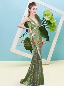 Unique V-neck Sleeveless Sequined Prom Dresses Sequins Zipper