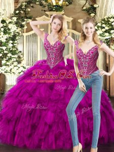 Hot Sale Two Pieces Quinceanera Gowns Fuchsia V-neck Organza Sleeveless Floor Length Lace Up