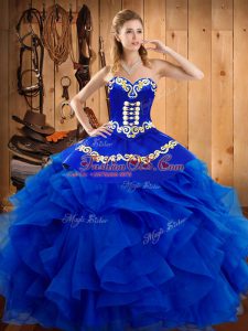 Sweetheart Sleeveless Quince Ball Gowns Floor Length Embroidery and Ruffles Royal Blue Satin and Organza