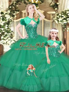 Classical Green Ball Gowns Beading and Ruffled Layers Quinceanera Gowns Lace Up Organza Sleeveless Floor Length