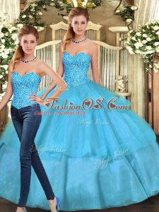 Sexy Floor Length Aqua Blue Sweet 16 Quinceanera Dress Organza Sleeveless Ruffled Layers