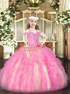 Most Popular Floor Length Rose Pink Pageant Dresses Off The Shoulder Sleeveless Lace Up