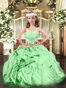 Green Ball Gowns Straps Sleeveless Organza Floor Length Lace Up Beading and Ruffles Little Girl Pageant Gowns