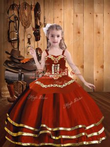 Cute Organza Straps Sleeveless Lace Up Embroidery and Ruffles Pageant Gowns For Girls in Rust Red