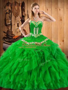 Green Sweetheart Lace Up Embroidery and Ruffles Sweet 16 Dress Sleeveless