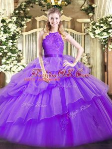 On Sale Scoop Sleeveless Zipper 15th Birthday Dress Eggplant Purple Organza