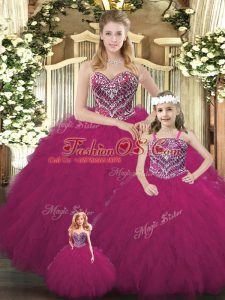 New Style Organza Sweetheart Sleeveless Lace Up Beading and Ruffles Sweet 16 Quinceanera Dress in Fuchsia