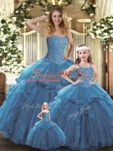 Teal Vestidos de Quinceanera Military Ball and Sweet 16 and Quinceanera with Beading and Ruffles Sweetheart Sleeveless Lace Up