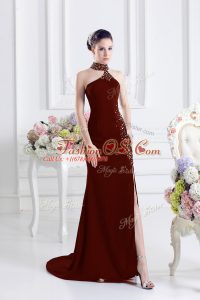 Sweep Train Column/Sheath Prom Dress Wine Red Halter Top Elastic Woven Satin Sleeveless Lace Up
