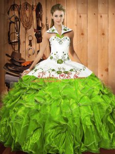 Designer Floor Length Ball Gown Prom Dress Satin and Organza Sleeveless Embroidery and Ruffles