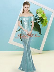 Off The Shoulder Short Sleeves Prom Dress Floor Length Sequins Aqua Blue Sequined