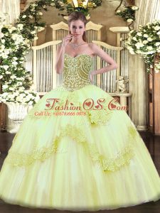 Sleeveless Floor Length Beading and Appliques Lace Up Quince Ball Gowns with Yellow Green