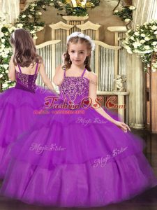 Inexpensive Beading and Ruffled Layers Little Girls Pageant Dress Purple Lace Up Sleeveless Floor Length