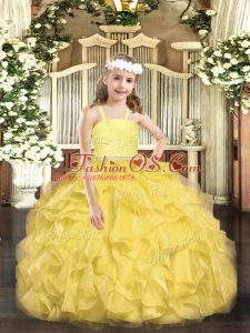 Sweet Gold Ball Gowns Beading and Lace and Ruffles Pageant Dresses Zipper Organza Sleeveless Floor Length