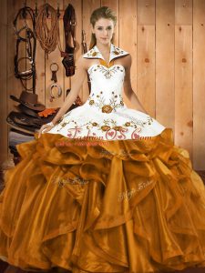 Brown Satin and Organza Lace Up Halter Top Sleeveless Floor Length 15 Quinceanera Dress Embroidery and Ruffles