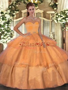 Sumptuous Sleeveless Floor Length Beading and Ruffled Layers Lace Up Quince Ball Gowns with Orange