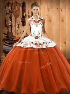 Orange Red Lace Up Halter Top Embroidery 15 Quinceanera Dress Satin and Tulle Sleeveless