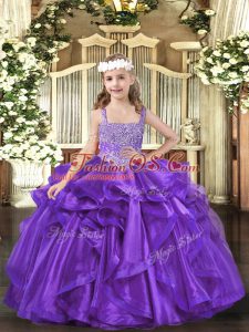 Super Purple Straps Lace Up Beading and Ruffles Pageant Dress for Womens Sleeveless