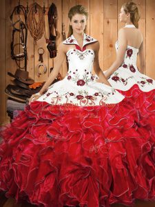 Elegant Wine Red Ball Gowns Halter Top Sleeveless Satin and Organza Floor Length Lace Up Embroidery and Ruffles Ball Gown Prom Dress
