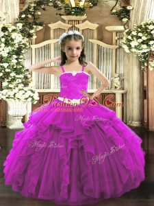 Latest Sleeveless Tulle Floor Length Lace Up Winning Pageant Gowns in Fuchsia with Appliques and Ruffles