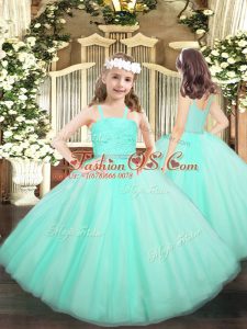 Affordable Floor Length Apple Green Little Girl Pageant Dress Tulle Sleeveless Beading and Lace