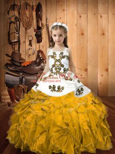 Gold Sleeveless Floor Length Embroidery and Ruffles Lace Up Little Girl Pageant Gowns