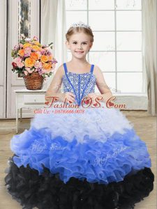 Graceful Multi-color Little Girls Pageant Dress Sweet 16 and Quinceanera with Beading and Ruffles Straps Sleeveless Lace Up