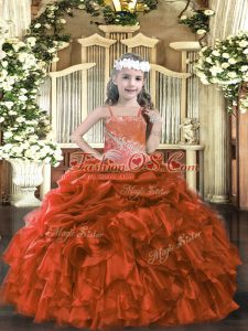 Dazzling Rust Red Organza Lace Up Glitz Pageant Dress Sleeveless Floor Length Appliques and Ruffles