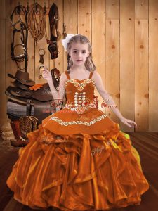 Excellent Orange Child Pageant Dress Party and Sweet 16 and Quinceanera and Wedding Party with Embroidery and Ruffles Straps Sleeveless Lace Up