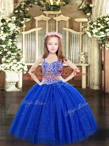 Hot Selling Royal Blue Tulle Lace Up Little Girl Pageant Gowns Sleeveless Floor Length Beading