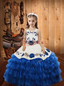 Simple Blue Ball Gowns Embroidery and Ruffles Girls Pageant Dresses Lace Up Organza Sleeveless Floor Length