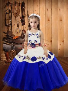 Top Selling Blue Sleeveless Floor Length Embroidery Lace Up Little Girls Pageant Dress