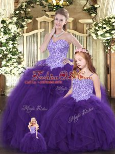 Delicate Eggplant Purple Ball Gowns Beading and Ruffles Quinceanera Gown Lace Up Tulle Sleeveless Floor Length