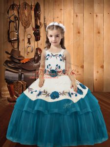 Sleeveless Organza Floor Length Lace Up Glitz Pageant Dress in Teal with Embroidery and Ruffled Layers