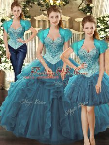 New Arrival Teal Ball Gowns Beading and Ruffles Ball Gown Prom Dress Lace Up Tulle Sleeveless Floor Length