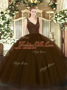 Great Brown Sleeveless Beading Floor Length Sweet 16 Quinceanera Dress