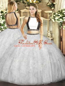 Two Pieces Sweet 16 Dress Grey Halter Top Tulle Sleeveless Floor Length Backless