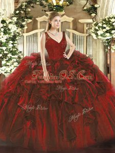 Elegant Ball Gowns Sweet 16 Quinceanera Dress Wine Red V-neck Organza Sleeveless Floor Length Backless