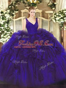 Purple Ball Gowns V-neck Sleeveless Organza Floor Length Backless Beading and Lace and Ruffles Ball Gown Prom Dress