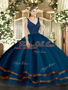 Navy Blue Tulle Zipper 15th Birthday Dress Sleeveless Floor Length Beading and Ruffled Layers