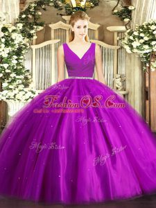 Sleeveless Floor Length Beading Zipper 15th Birthday Dress with Purple