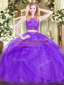 Luxurious Sleeveless Floor Length Beading and Ruffles Zipper Sweet 16 Dress with Lavender