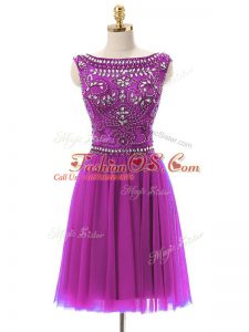 Attractive Fuchsia Empire Tulle Bateau Sleeveless Beading Mini Length Zipper Prom Gown