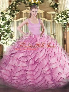 Stylish Rose Pink Sweet 16 Dresses Organza Brush Train Sleeveless Ruffled Layers