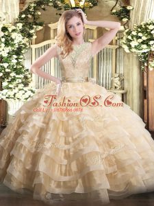 Noble Sleeveless Organza Floor Length Backless Quince Ball Gowns in Champagne with Lace and Ruffled Layers