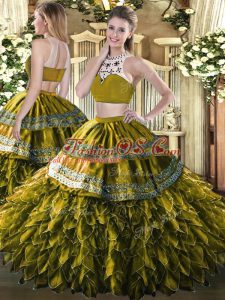 Clearance Sleeveless Floor Length Beading and Ruffles Backless Quinceanera Dresses with Olive Green