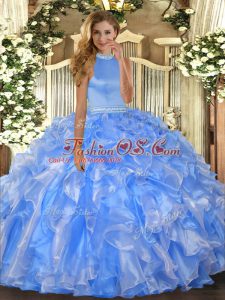 Deluxe Baby Blue Sleeveless Organza Backless Sweet 16 Quinceanera Dress for Military Ball and Sweet 16 and Quinceanera